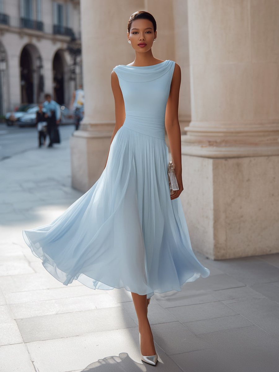 Draped Neck Sleeveless Pleated Wedding Guest Midi Dress for Women - Sky Blue