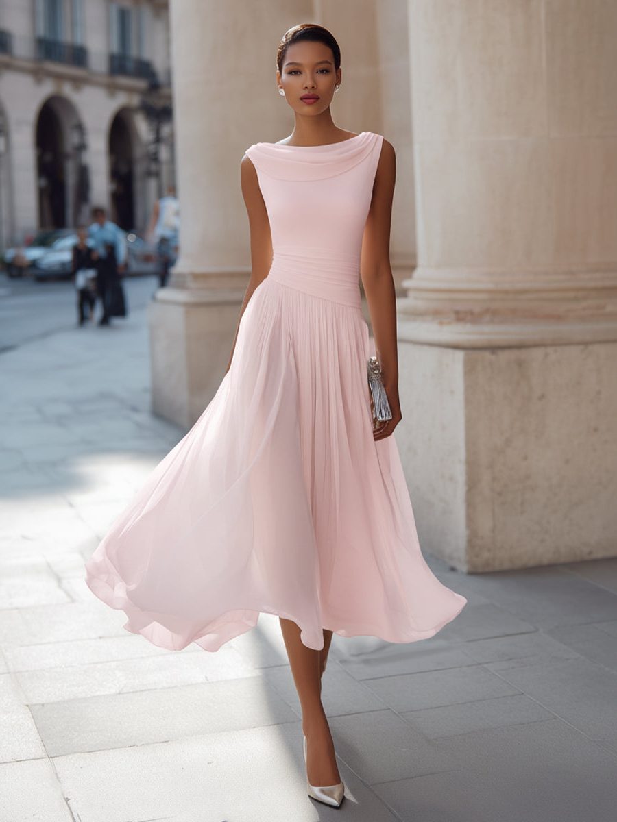 Draped Neck Sleeveless Pleated Wedding Guest Midi Dress for Women - Pink
