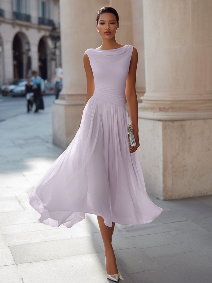 Draped Neck Sleeveless Pleated Wedding Guest Midi Dress for Women - Lavender