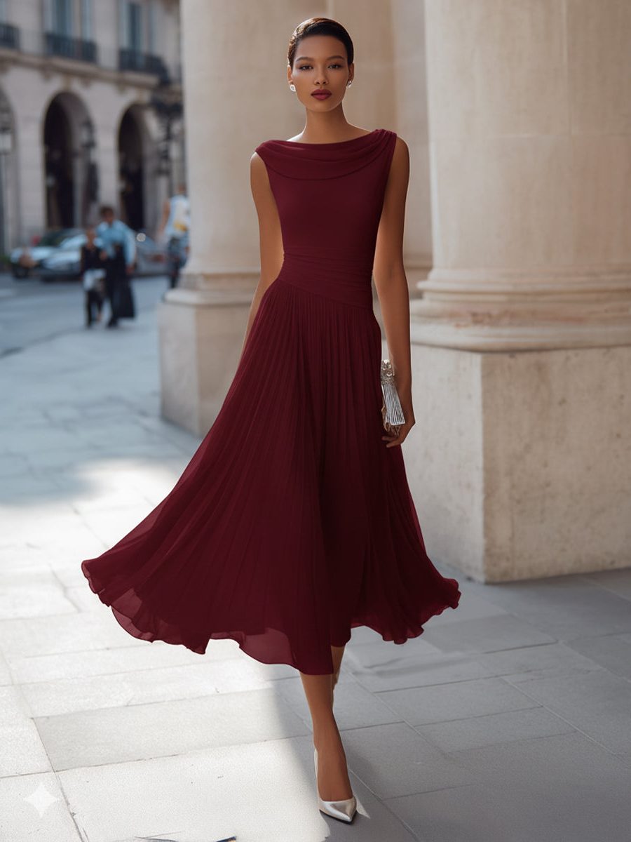 Draped Neck Sleeveless Pleated Wedding Guest Midi Dress for Women - Burgundy