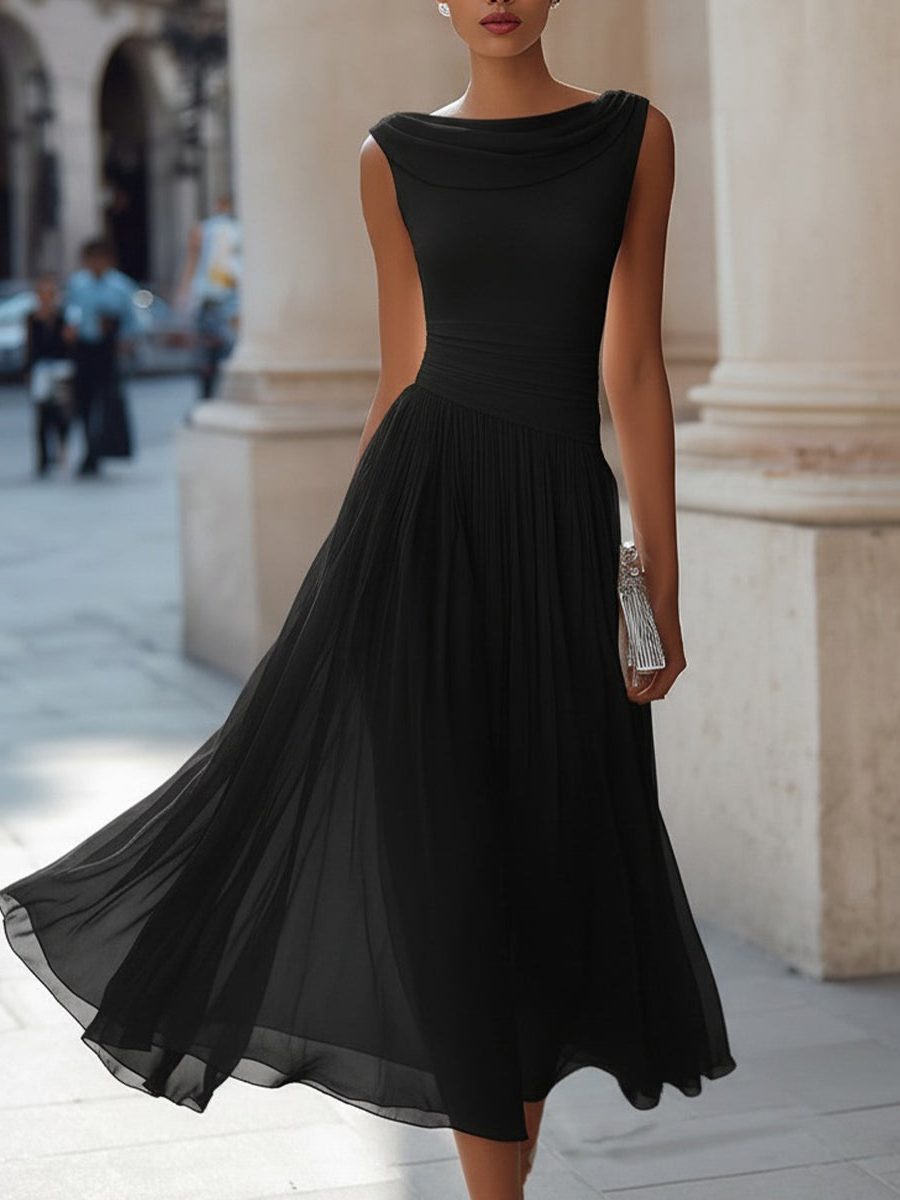 Draped Neck Sleeveless Pleated Wedding Guest Midi Dress for Women - Black