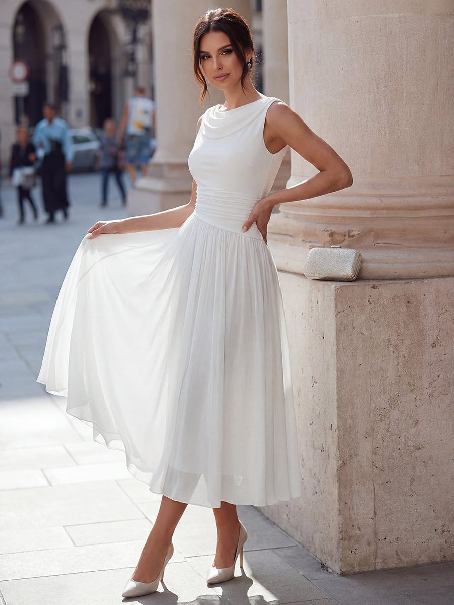 Draped Neck Sleeveless Pleated Wedding Guest Midi Dress for Women - View 2