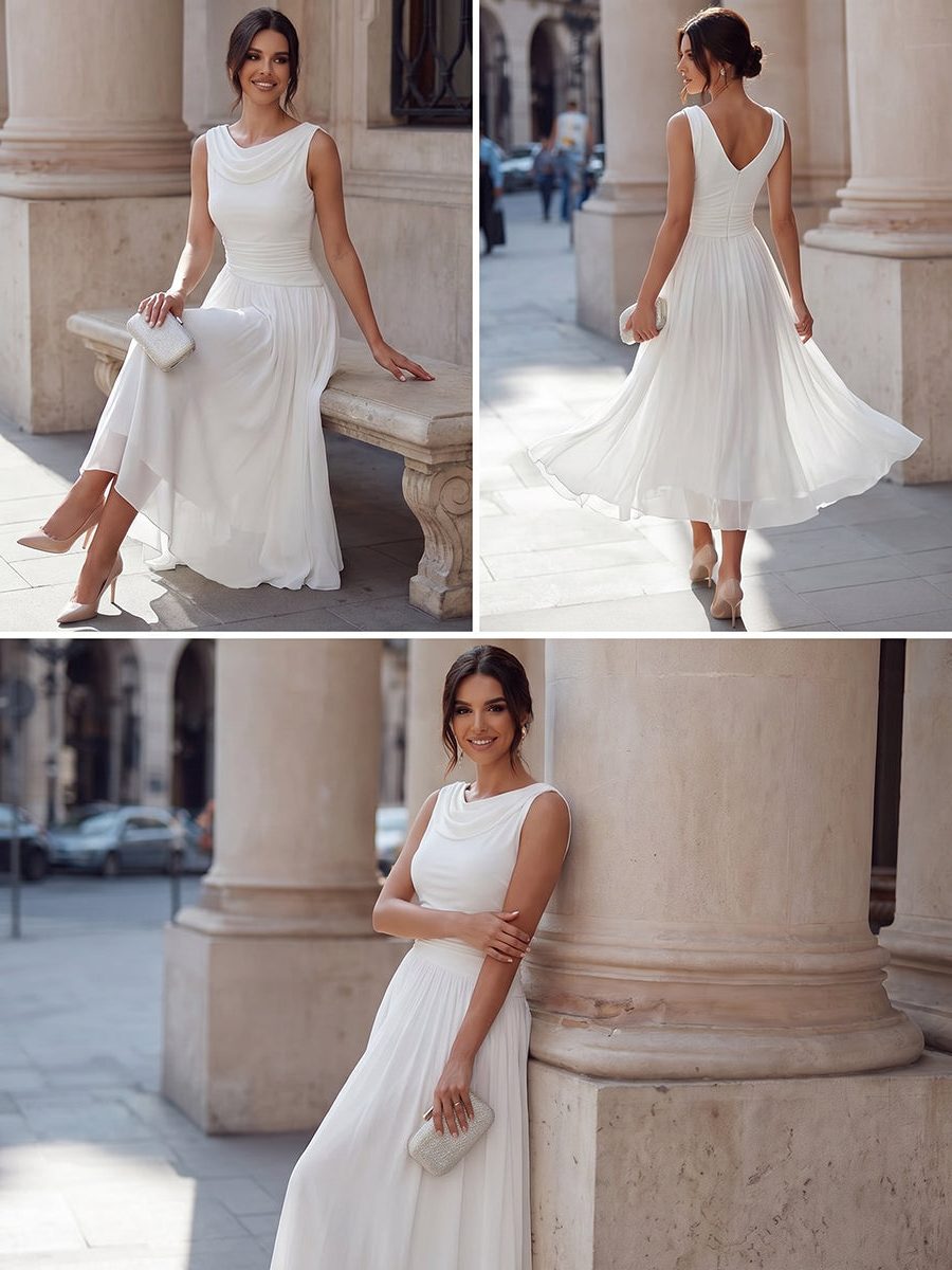 Draped Neck Sleeveless Pleated Wedding Guest Midi Dress for Women - View 3