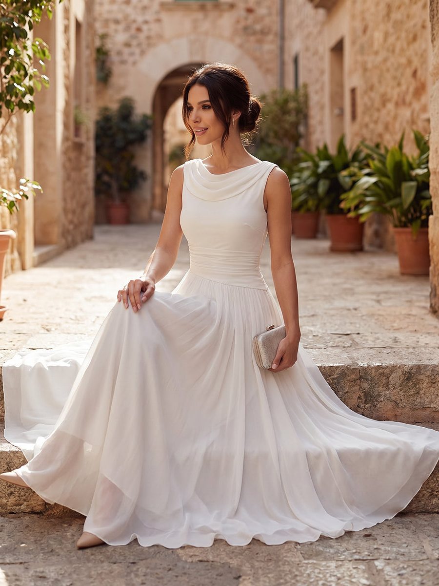 Draped Neck Sleeveless Pleated Wedding Guest Midi Dress for Women - View 4