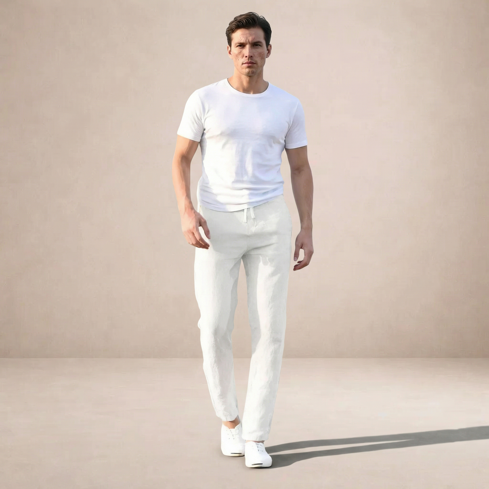 Linen Straight Leg Trousers with Elastic Waistband for Men