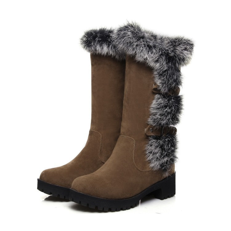 Suede Faux Fur Trim Buckle MidCalf Winter Boots for Women