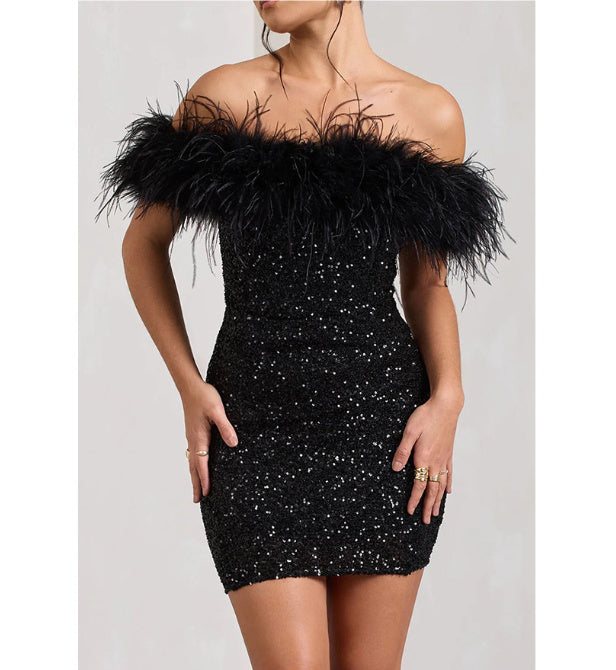 Feather Trim Off Shoulder Sequin Bodycon Mini Dress for Women
