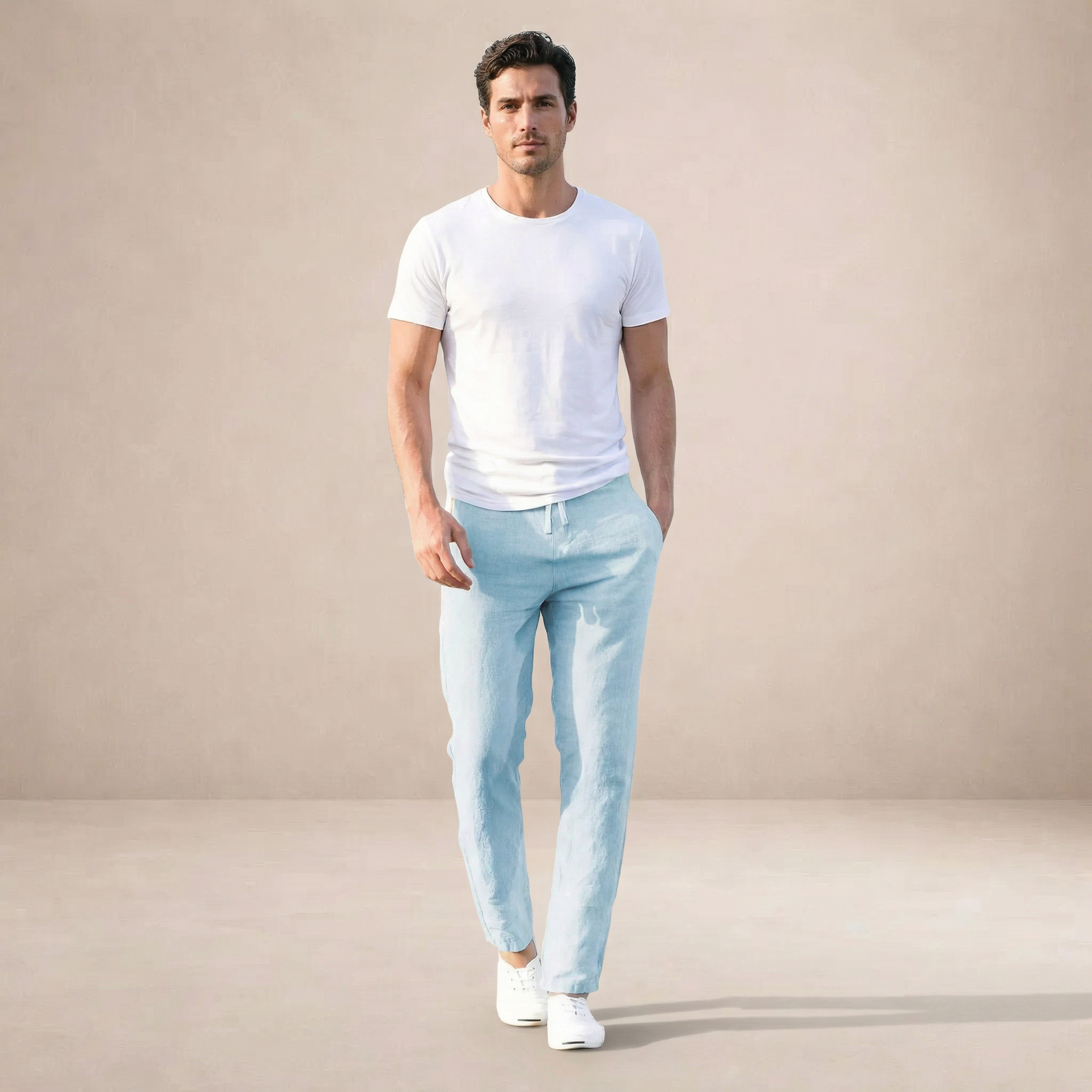 Linen Straight Leg Trousers with Elastic Waistband for Men