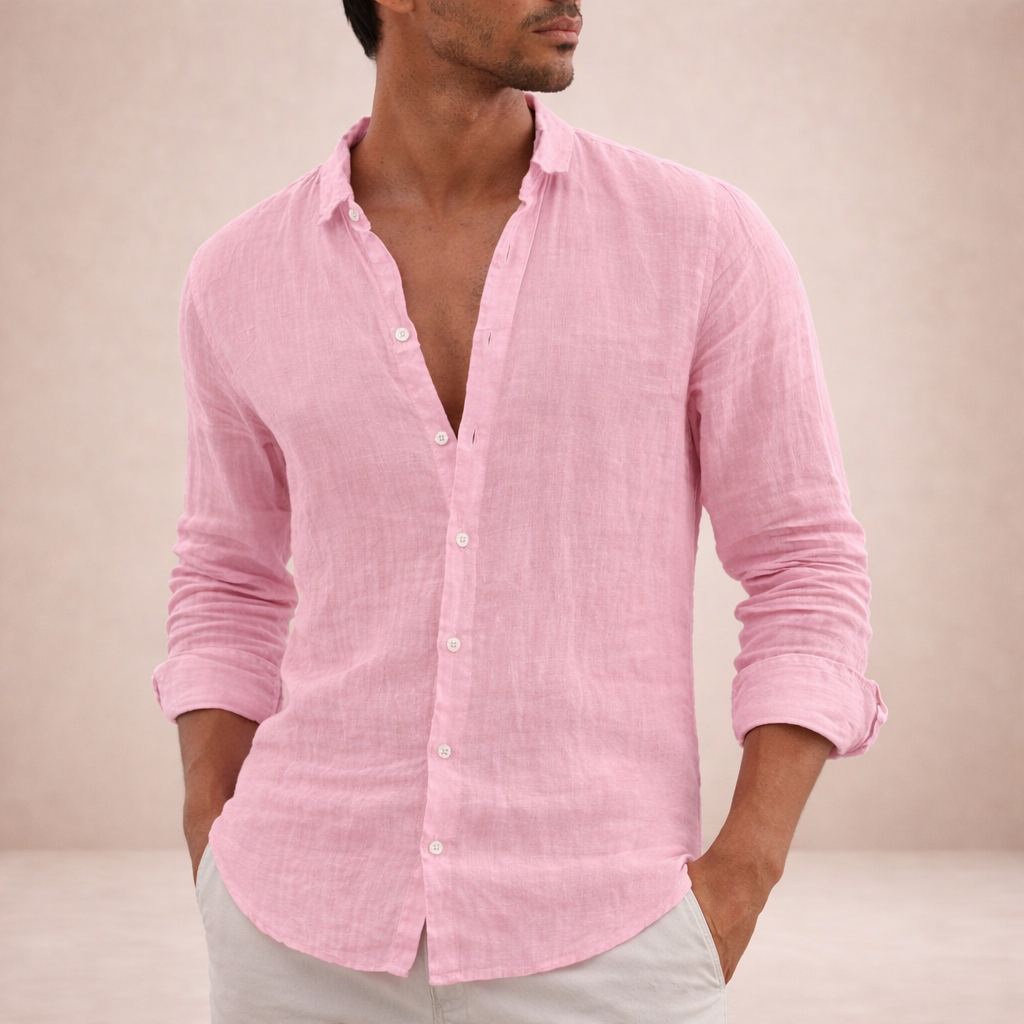 Linen Long Sleeve Shirt with Open Collar for Men
