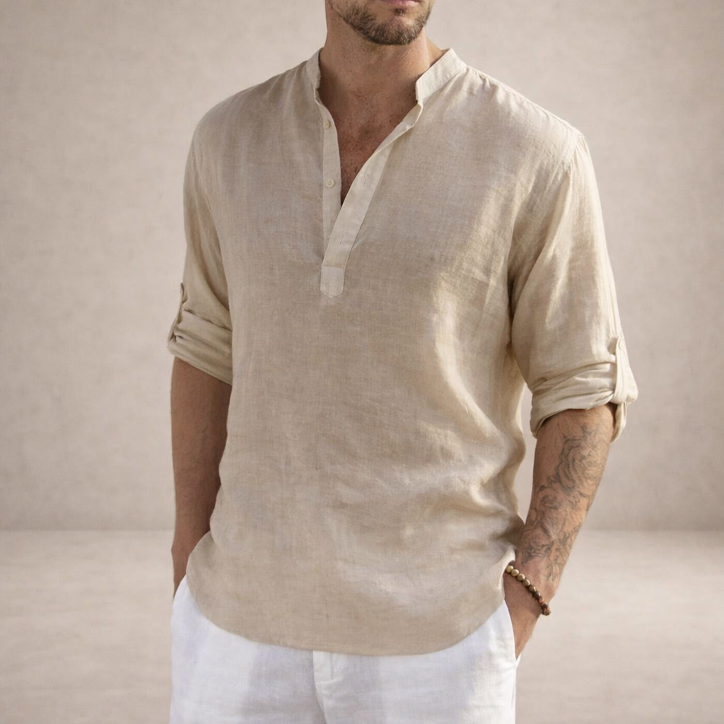 Linen Stand Collar Long Sleeve Shirt for Men