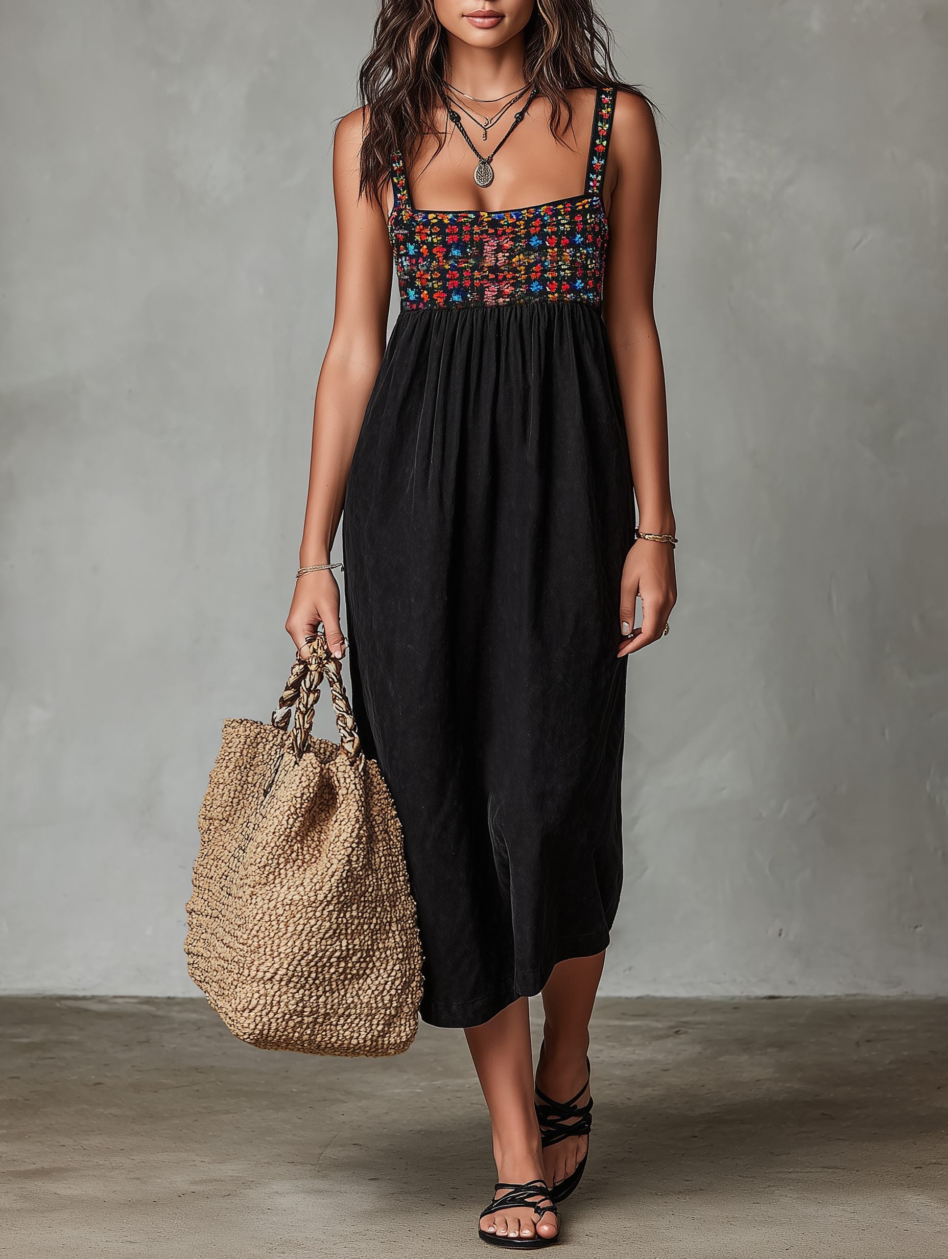 Embroidered Square Neck Midi Dress for Women
