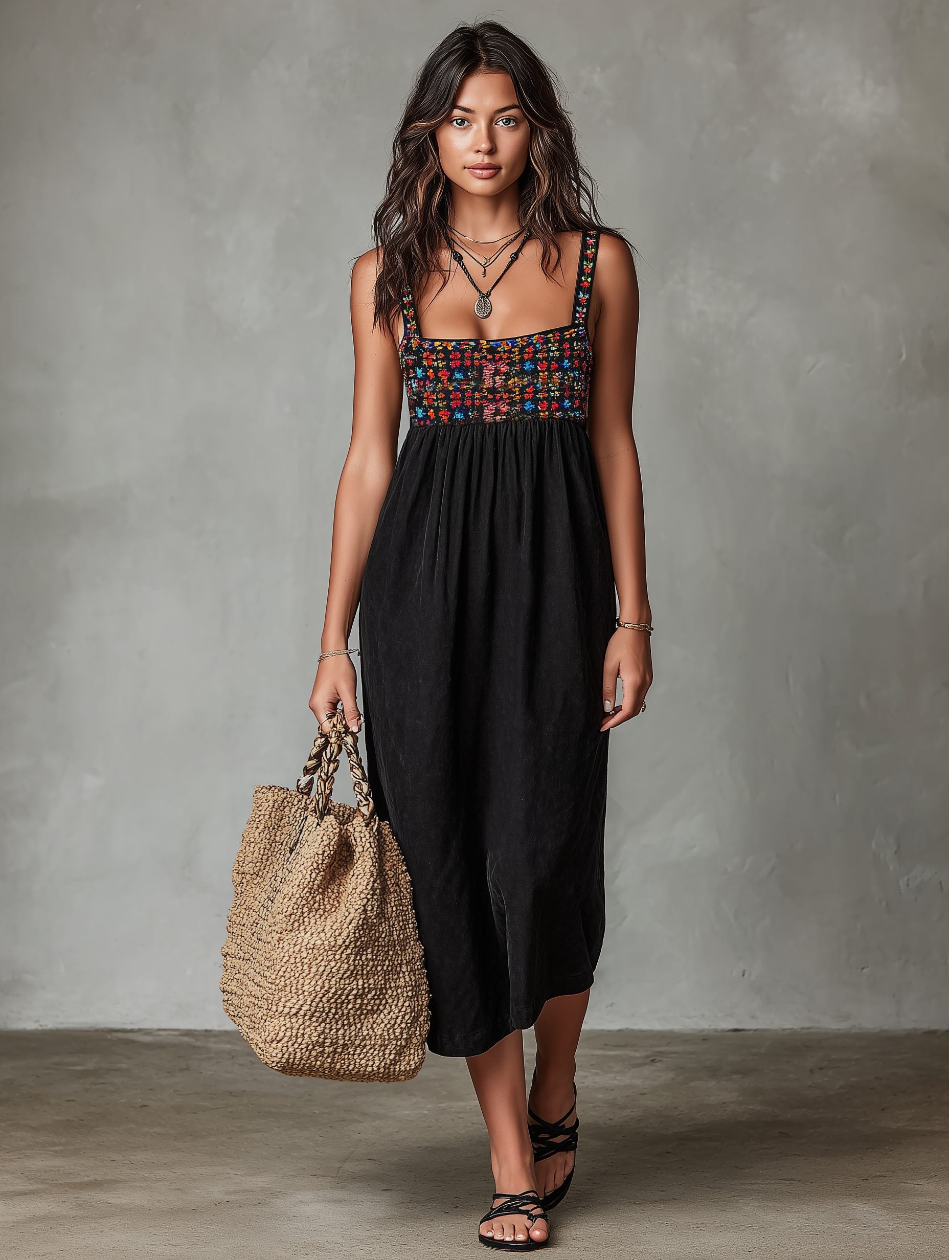 Embroidered Square Neck Midi Dress for Women - View 4