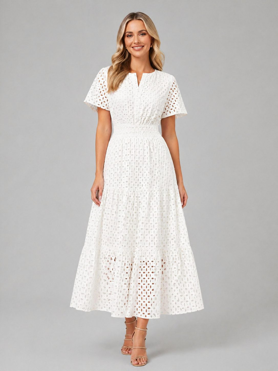 Eyelet A-Line Midi Dress for Women - White