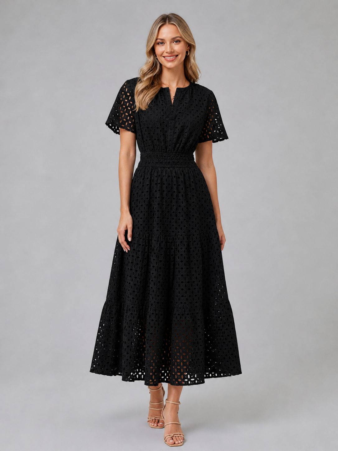 Eyelet A-Line Midi Dress for Women - Black