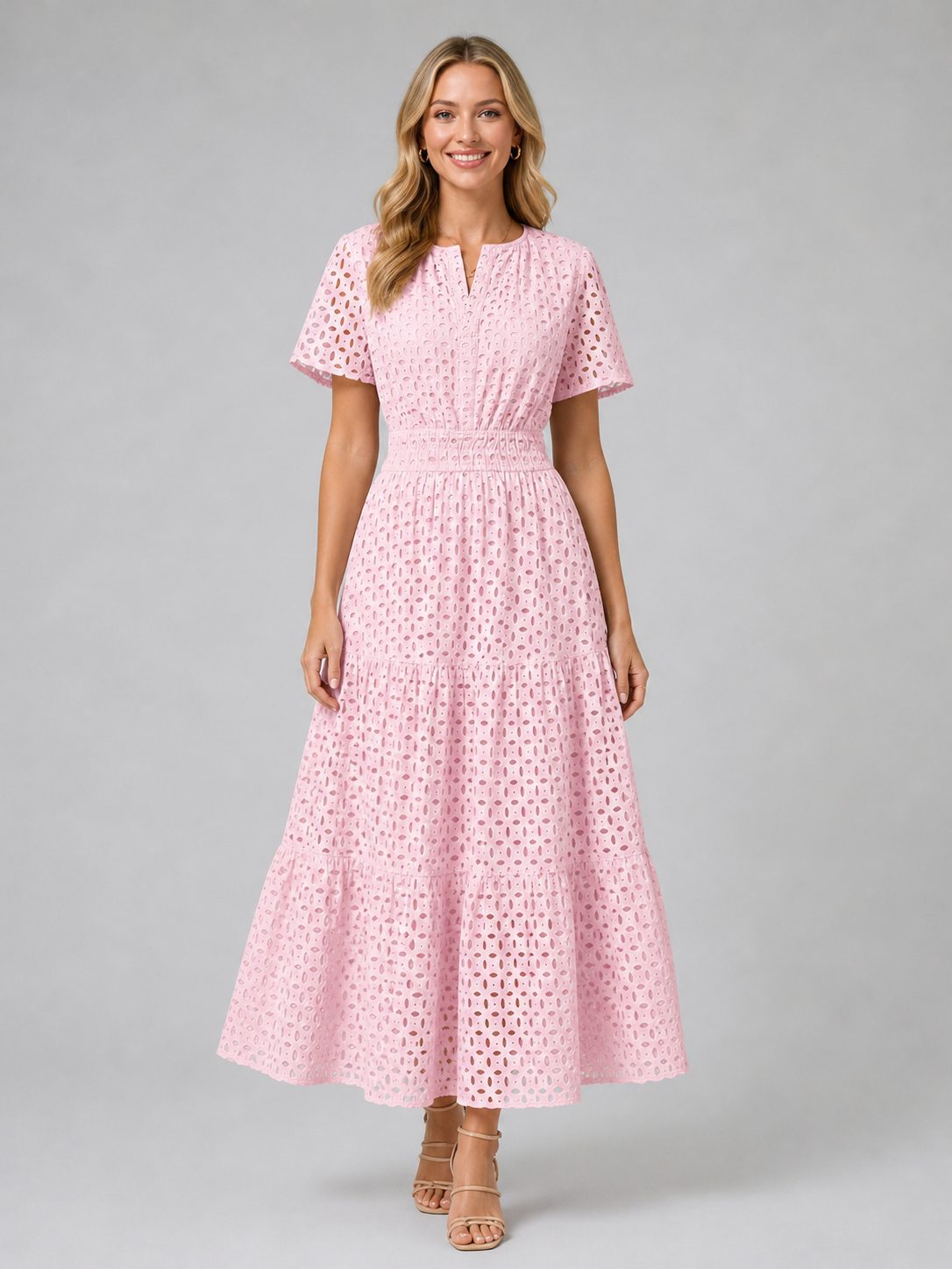 Eyelet A-Line Midi Dress for Women - Pink