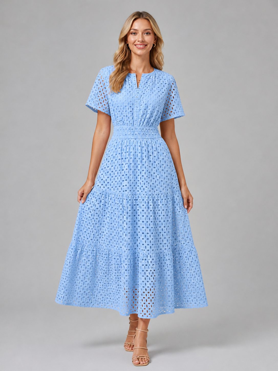 Eyelet A-Line Midi Dress for Women - Light Blue