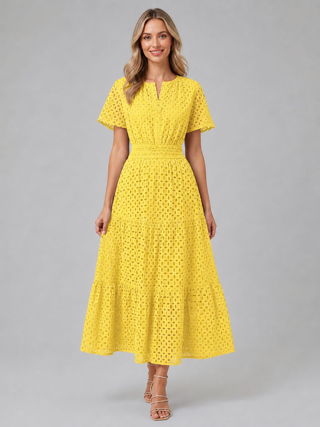 Eyelet A-Line Midi Dress for Women - Yellow