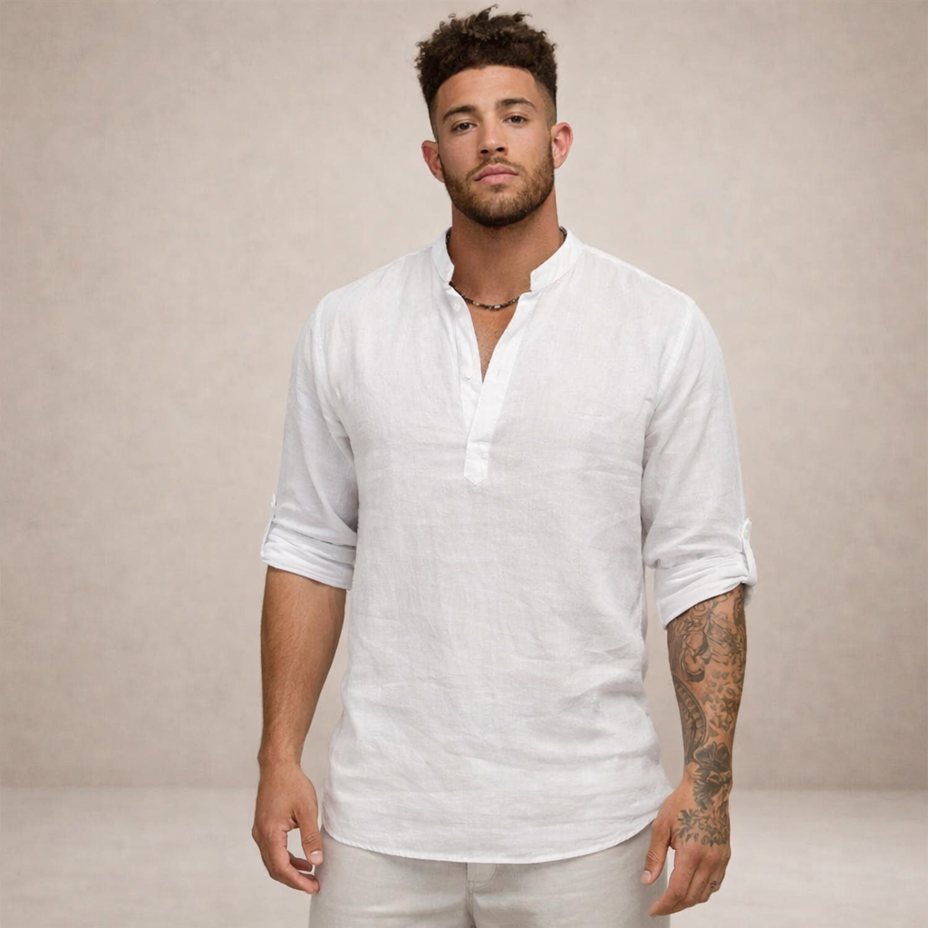 Linen Stand Collar Long Sleeve Shirt for Men