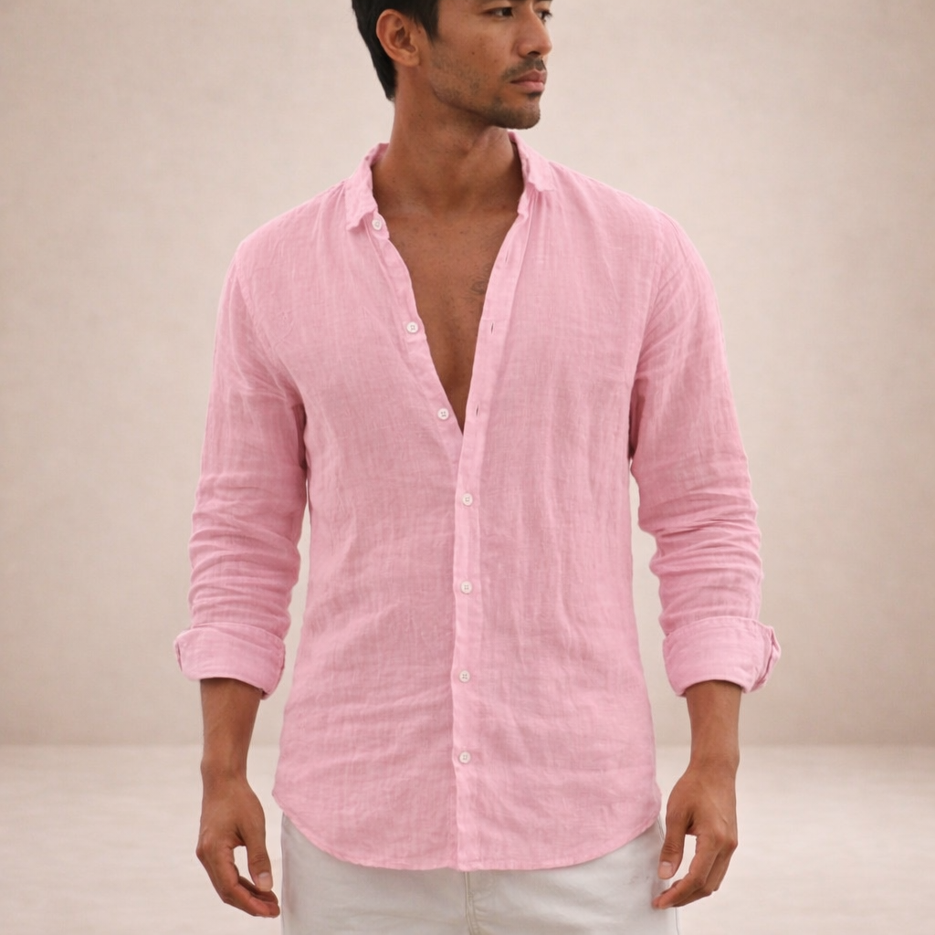 Linen Long Sleeve Shirt with Open Collar for Men