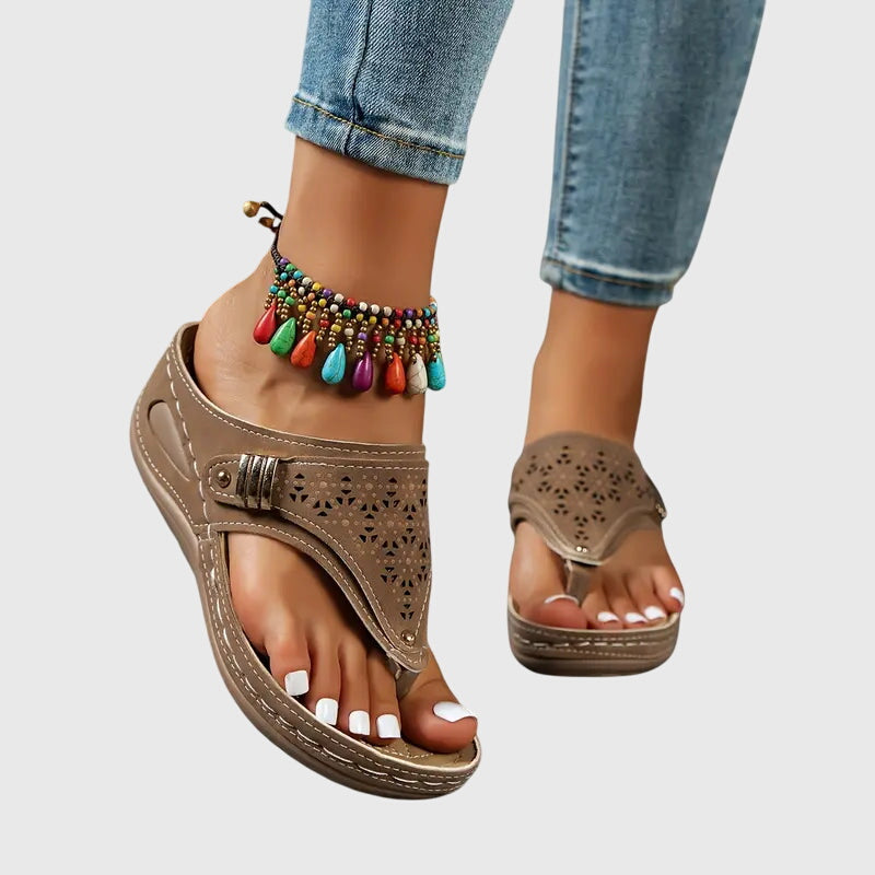 Open Toe Wedge Sandals With Patterned Cutouts For Women