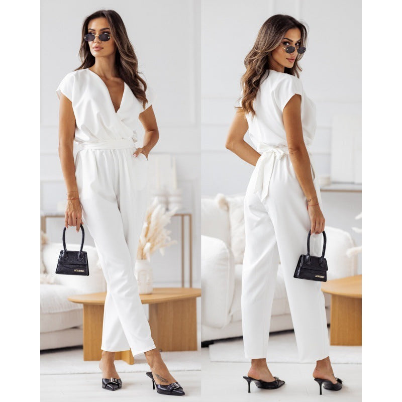 Short Sleeve Wrap Jumpsuit with Lace-Up Detail for Women