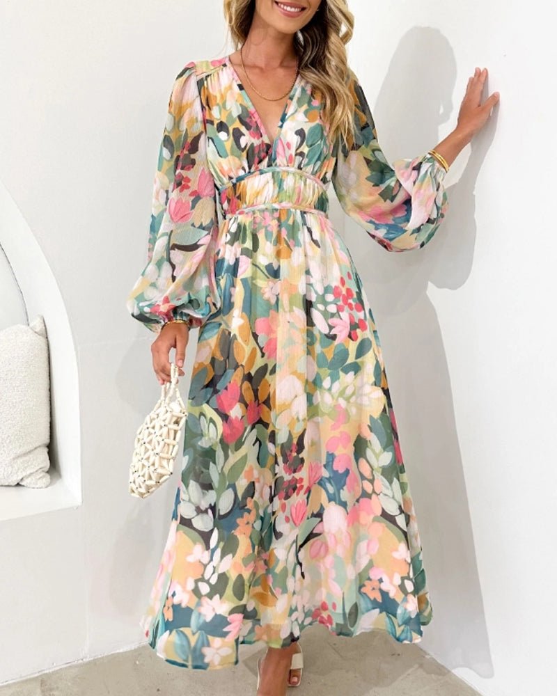 V-Neck Long Sleeve Floral Midi Dress Wedding Guest for Women