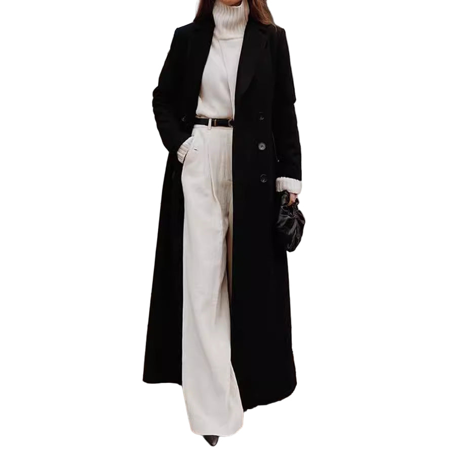 Long Overcoat for Women - Double-Breasted Wool Blend