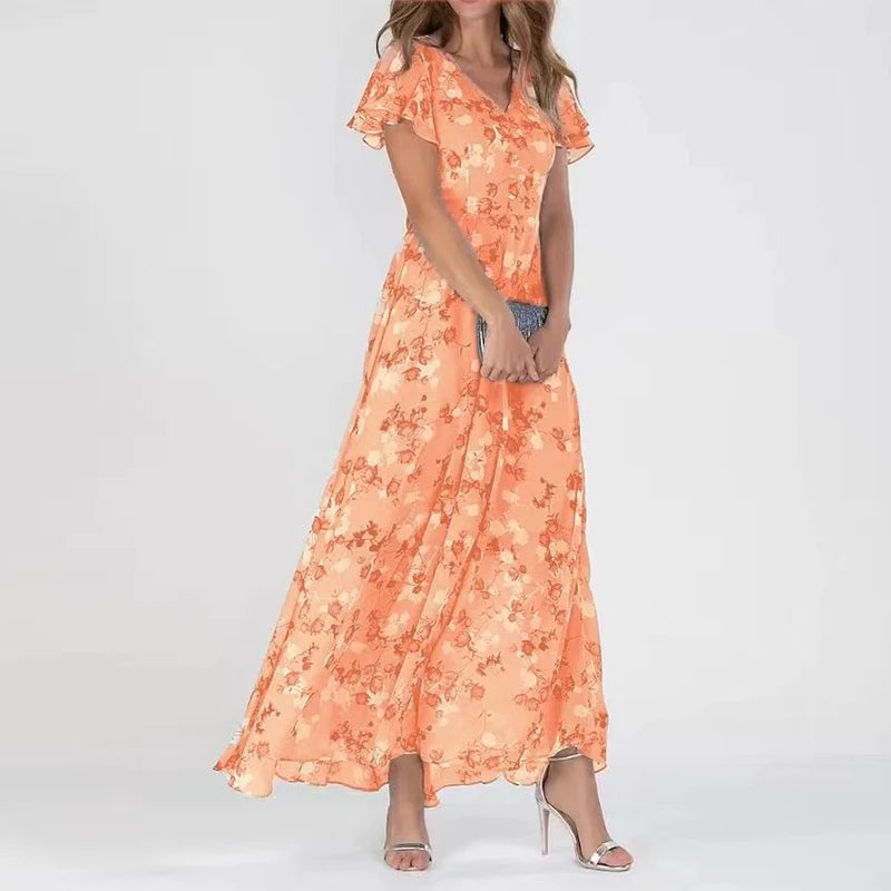 Floral V-Neck Wrap Maxi Wedding Guest Dress for Women