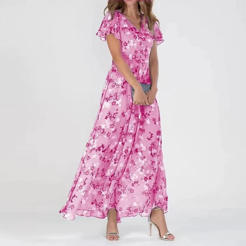 Floral V-Neck Wrap Maxi Wedding Guest Dress for Women