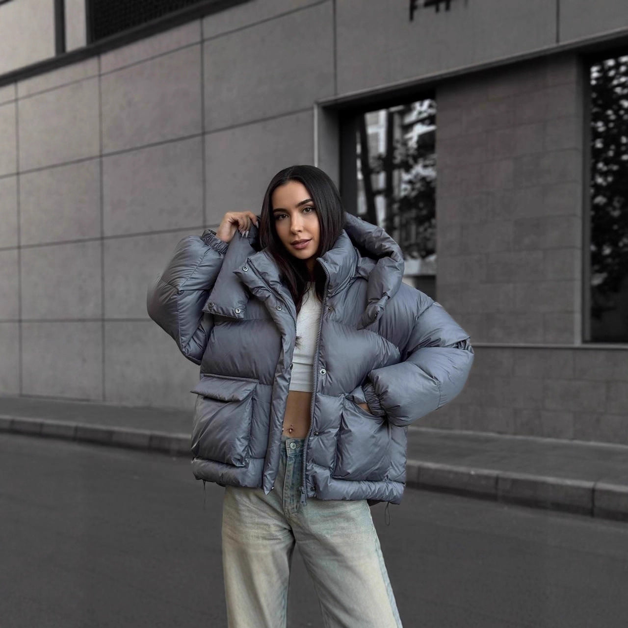 Oversized Puffer Jacket with Hood for Women