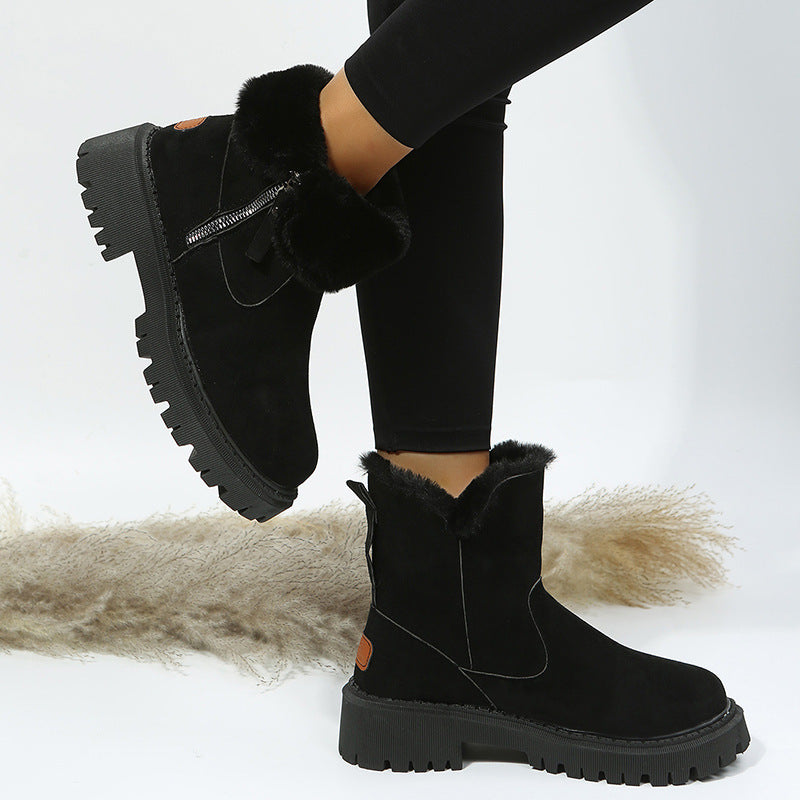 Suede Fleece Lined Side Zip Platform Ankle Boots for Women