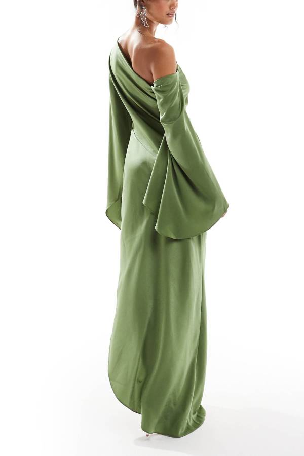 Satin One Shoulder Maxi Dress with Bell Sleeves for Women
