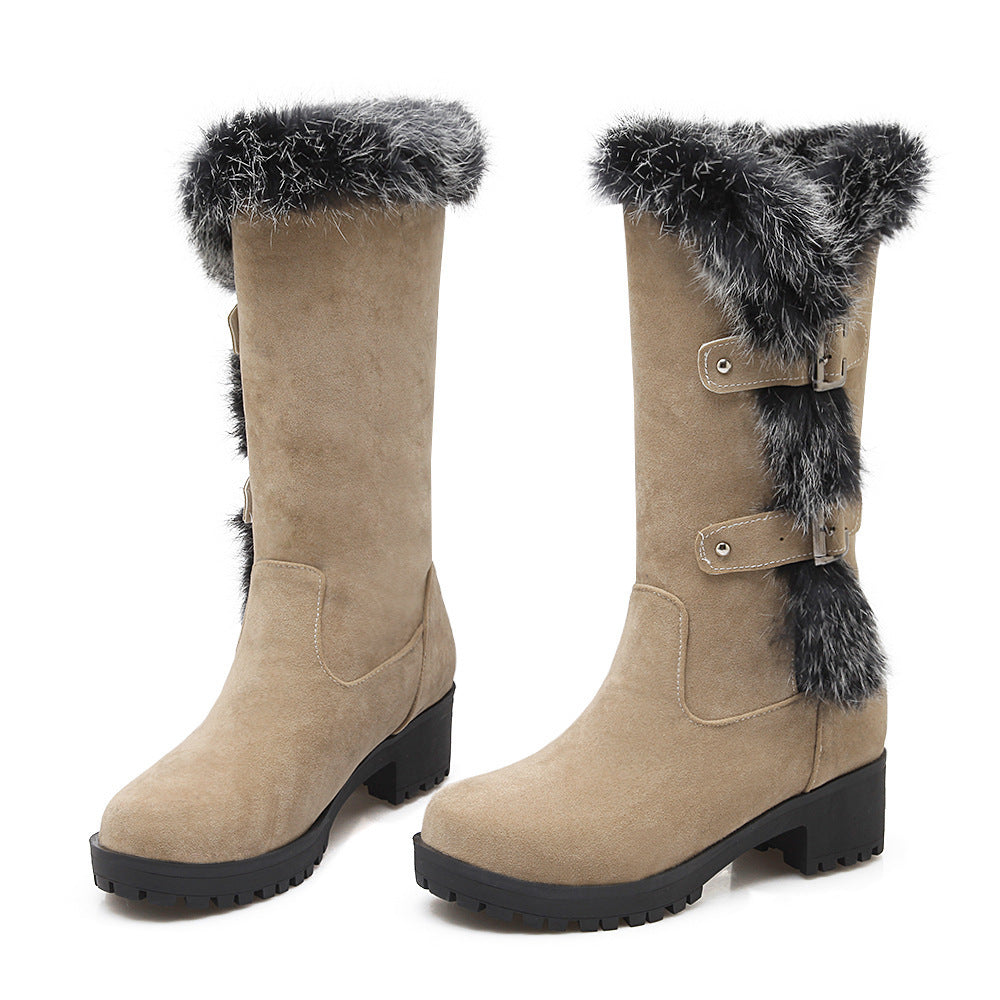 Suede Faux Fur Trim Buckle MidCalf Winter Boots for Women