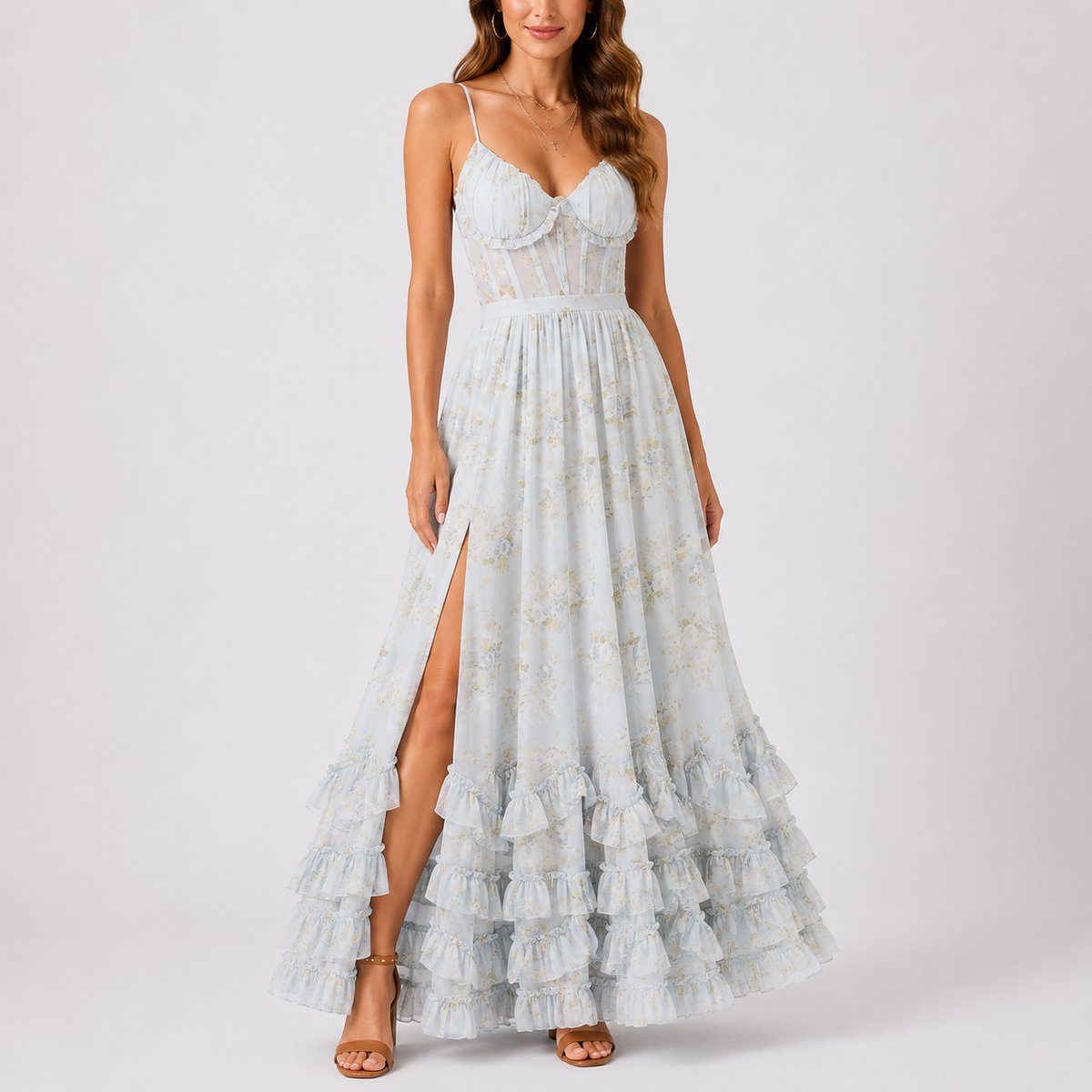 Floral Autumn Wedding Guest Tiered A-Line Maxi Dress with Corset Bodice for Women
