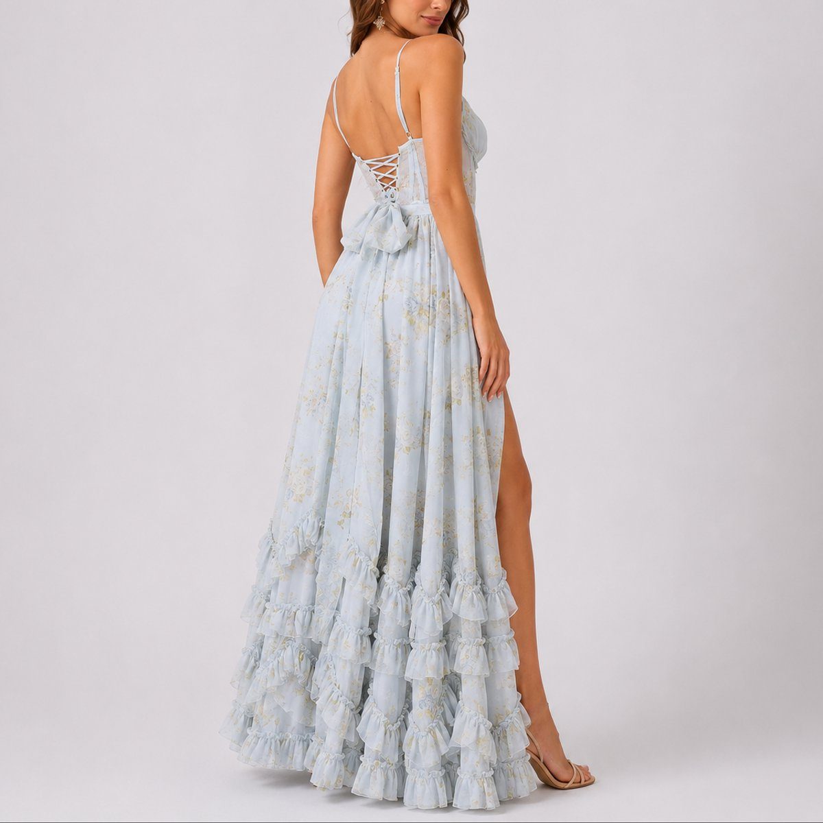 Floral Autumn Wedding Guest Tiered A-Line Maxi Dress with Corset Bodice for Women - View 2