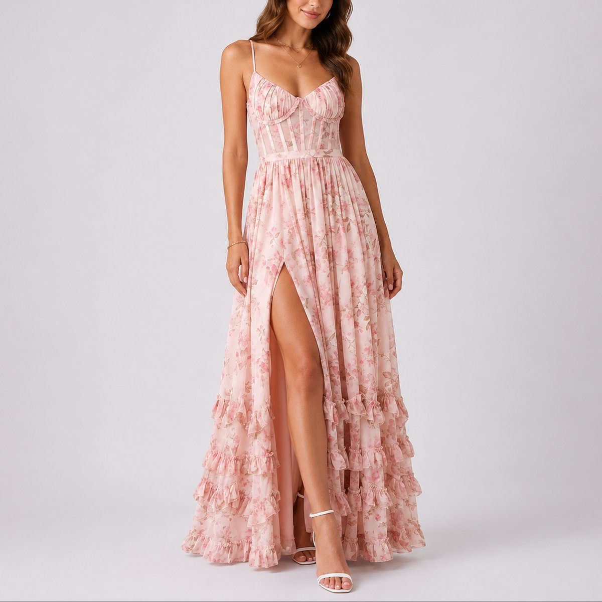 Floral Autumn Wedding Guest Tiered A-Line Maxi Dress with Corset Bodice for Women - Pink
