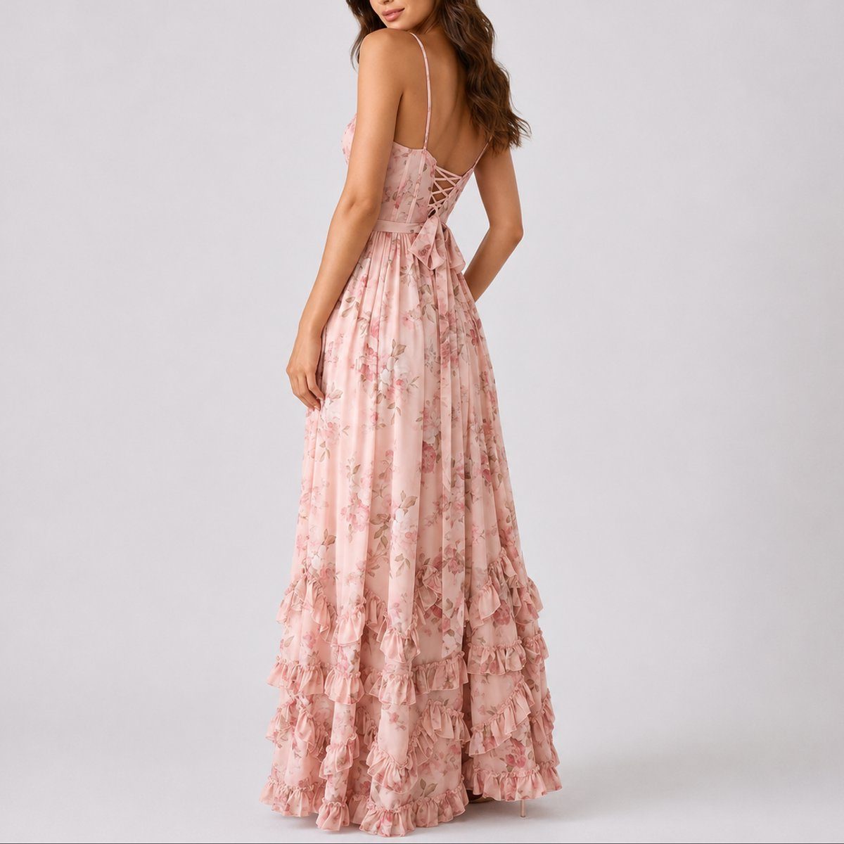 Floral Autumn Wedding Guest Tiered A-Line Maxi Dress with Corset Bodice for Women - View 4