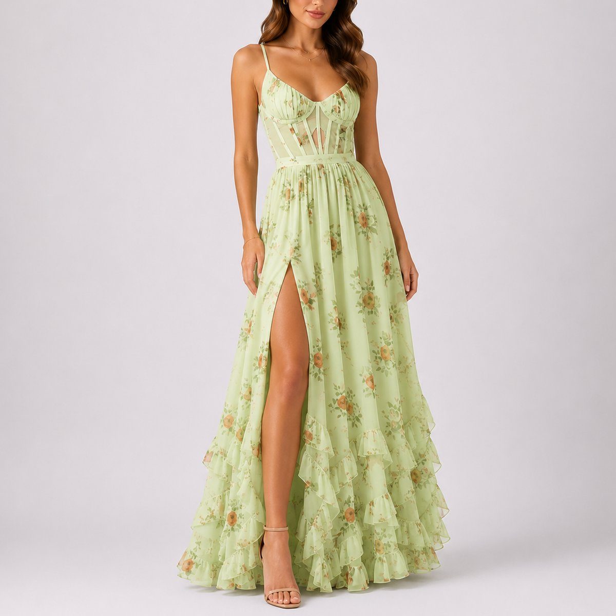 Floral Autumn Wedding Guest Tiered A-Line Maxi Dress with Corset Bodice for Women - Green