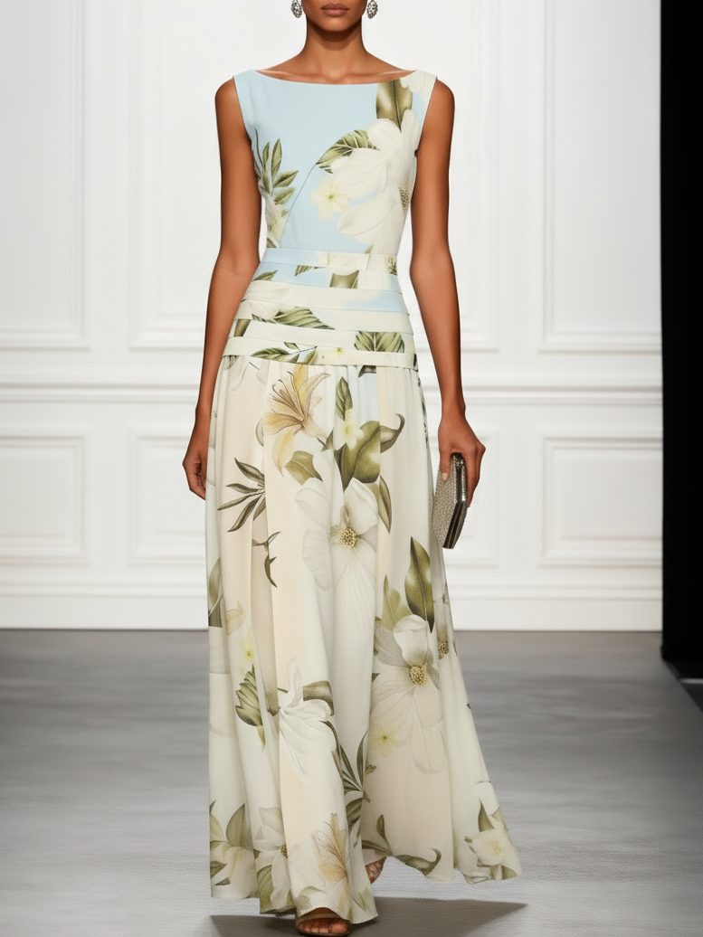 Floral Boat Neck Sleeveless Wedding Guest Maxi Dress for Women