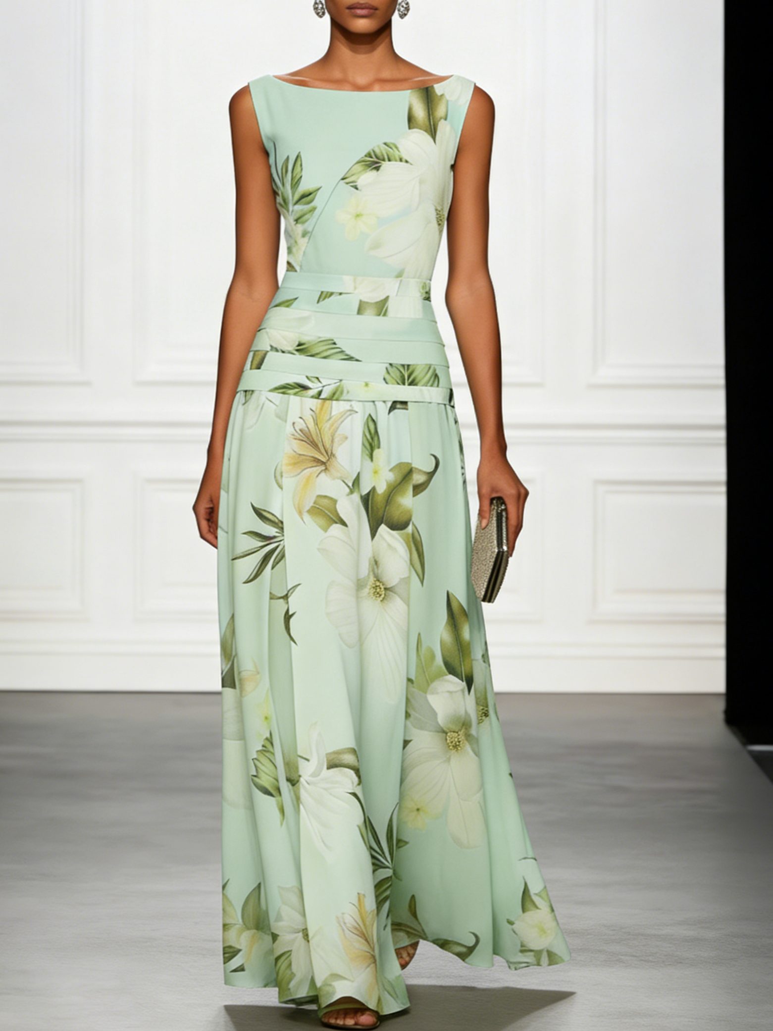 Floral Boat Neck Sleeveless Wedding Guest Maxi Dress for Women - Light Green