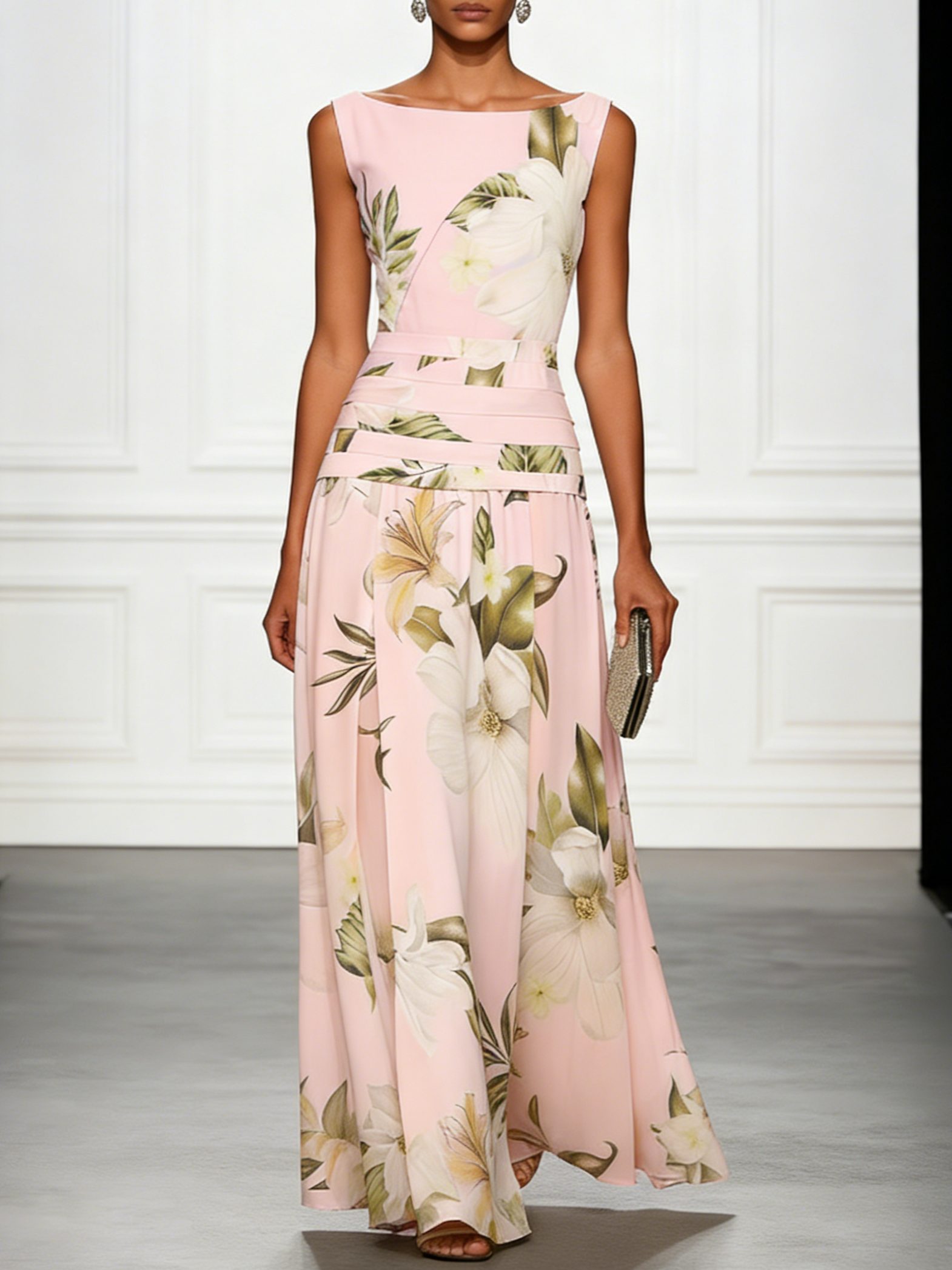 Floral Boat Neck Sleeveless Wedding Guest Maxi Dress for Women - Pink