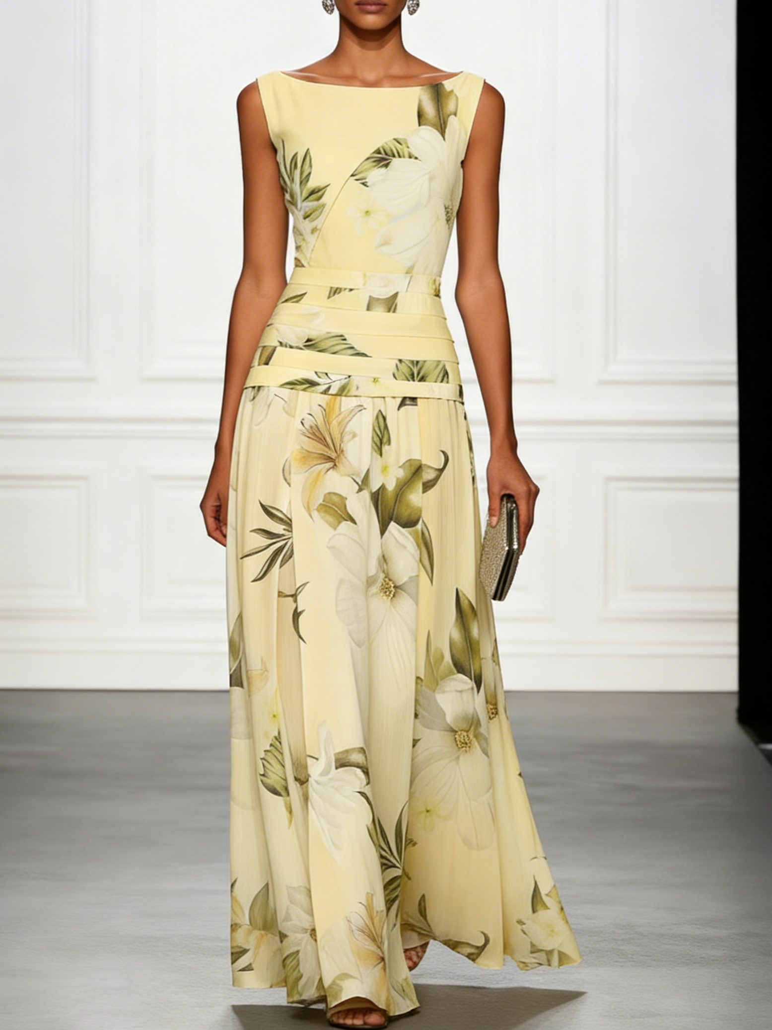 Floral Boat Neck Sleeveless Wedding Guest Maxi Dress for Women - Yellow