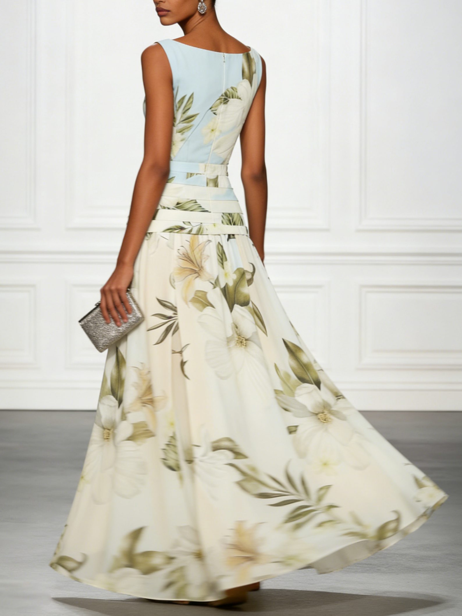 Floral Boat Neck Sleeveless Wedding Guest Maxi Dress for Women - View 2