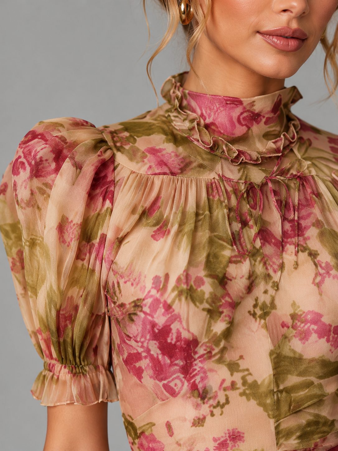 Floral Chiffon Puff Sleeve Wedding Guest Fishtail Maxi Dress for Women
