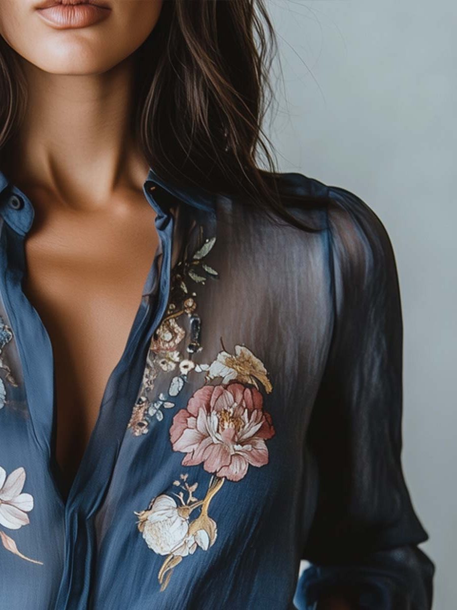 Floral Embroidered Button-Down Blouse for Women - View 4