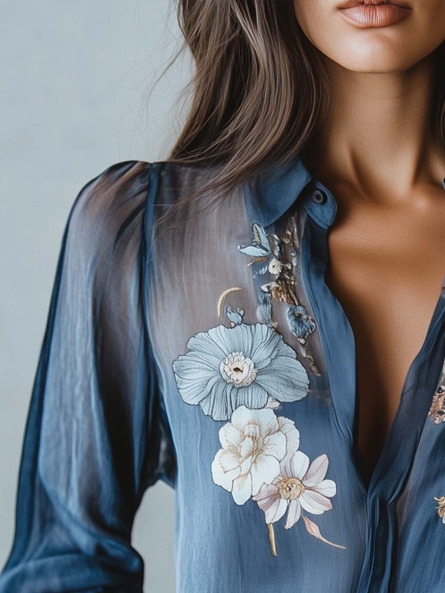 Floral Embroidered Button-Down Blouse for Women - View 5