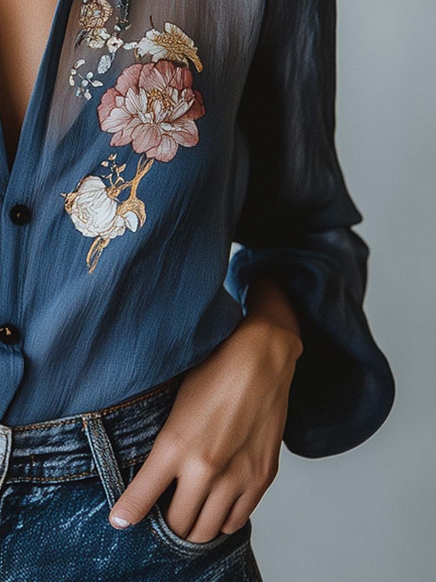 Floral Embroidered Button-Down Blouse for Women - View 6