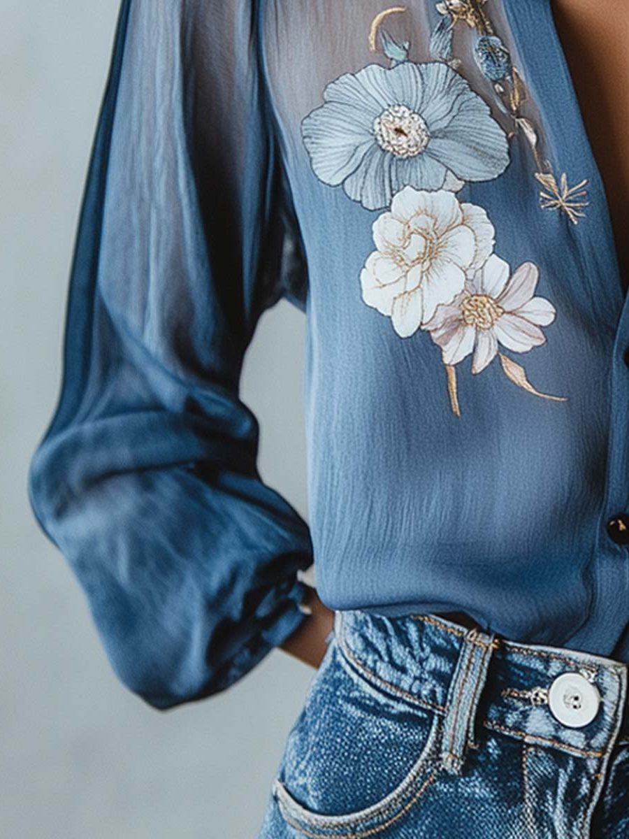 Floral Embroidered Button-Down Blouse for Women - View 7