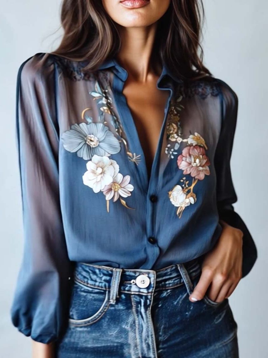 Floral Embroidered Button-Down Blouse for Women - View 8