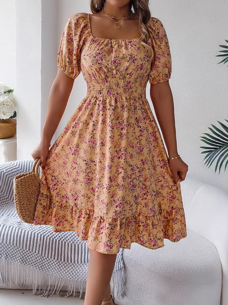 Floral Off-Shoulder Midi Dress with Puffed Sleeves for Women - View 2